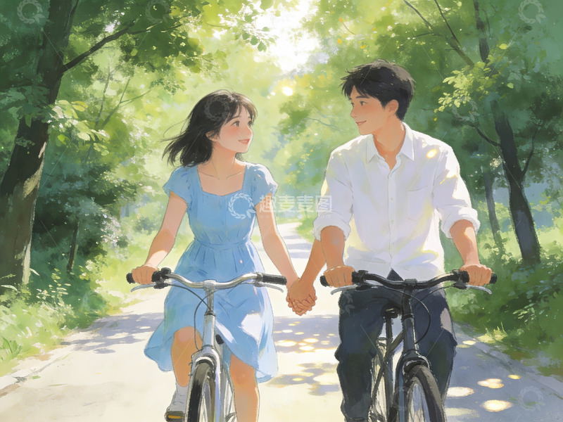 高清大图下载【趣麦麦图】情侣骑车林间小道