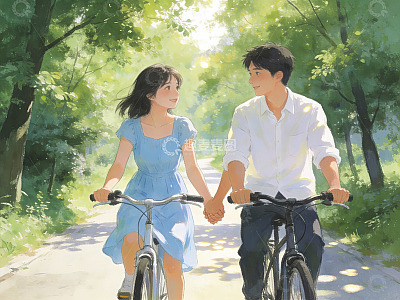 情侣骑车林间小道