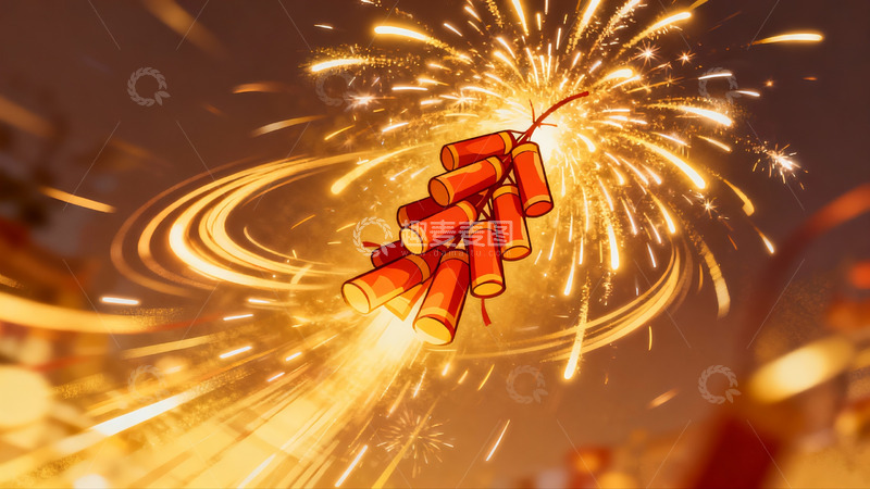 高清大图下载【趣麦麦图】夜空中绽放的红色鞭炮烟花