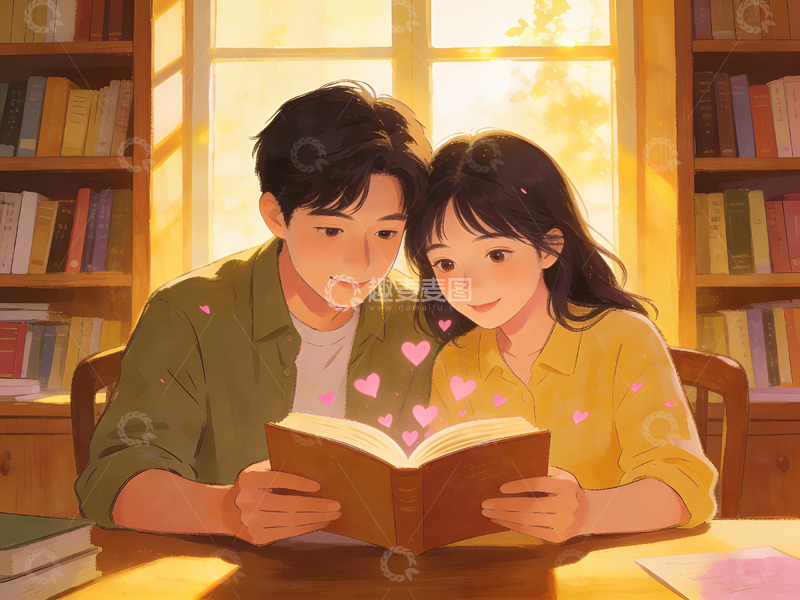 高清大图下载【趣麦麦图】情侣共读书籍温馨场景