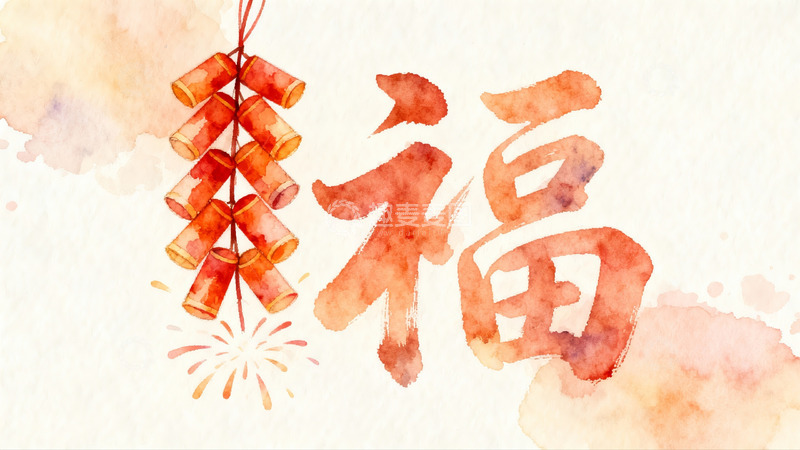 高清大图下载【趣麦麦图】水彩画鞭炮福字寓意新年