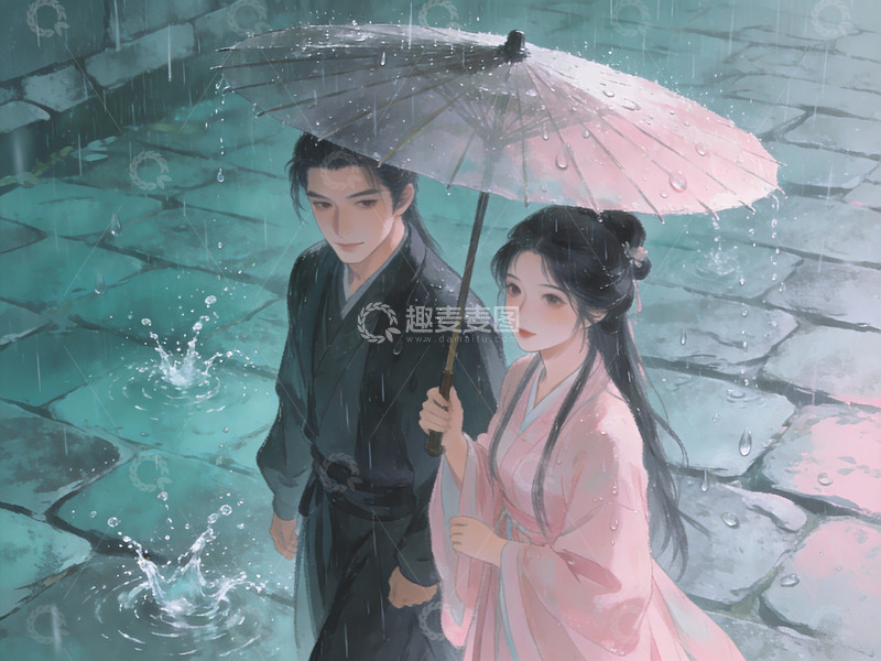 高清大图下载【趣麦麦图】雨中执伞共行的古风男女