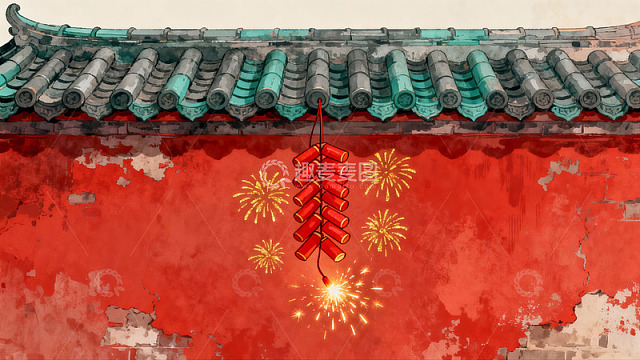 古建筑前烟花绽放