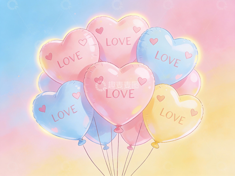 高清大图下载【趣麦麦图】心形气球飘浮在彩色背景中