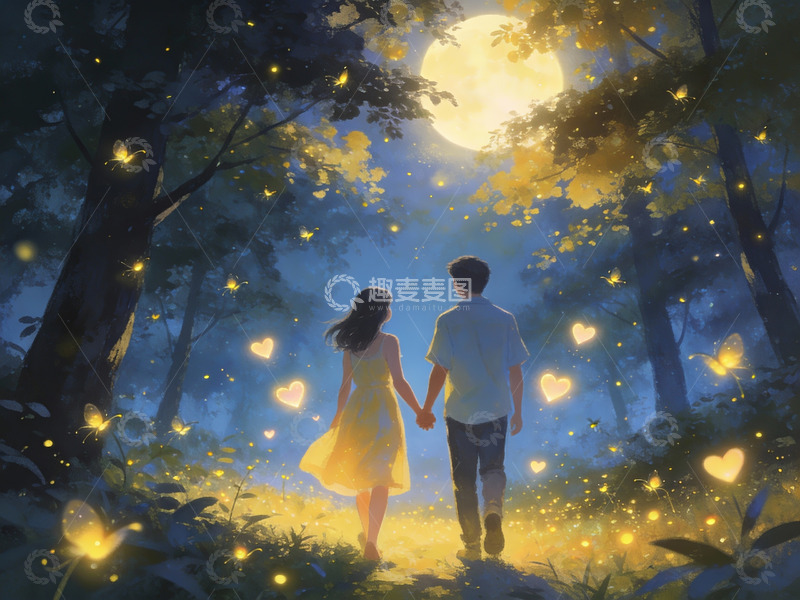 高清大图下载【趣麦麦图】月下情侣森林散步
