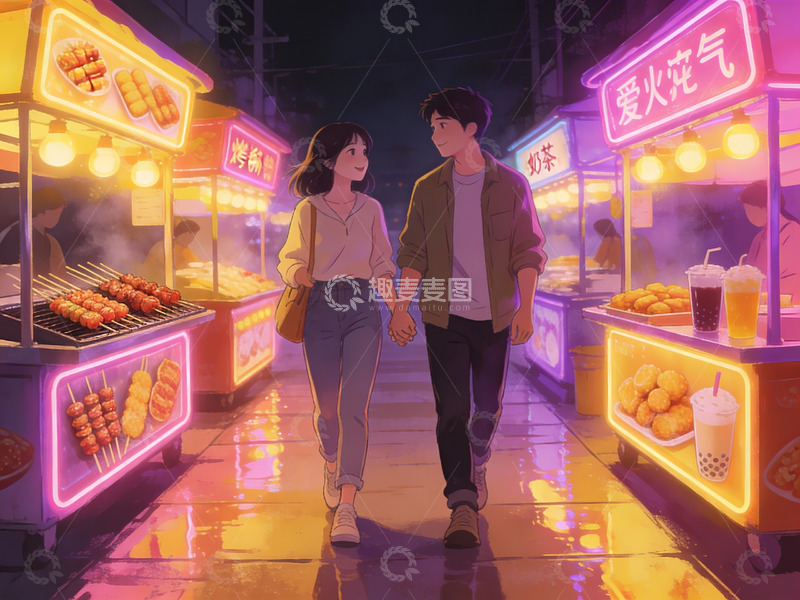 高清大图下载【趣麦麦图】情侣夜市散步场景