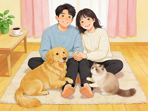 情侣与宠物在室内温馨互动