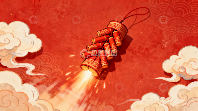 高清大图下载【趣麦麦图】红色背景鞭炮绽放烟花