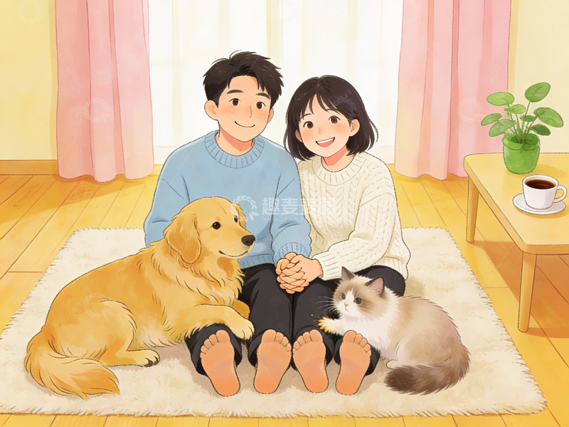 高清大图下载【趣麦麦图】情侣与宠物温馨居家场景