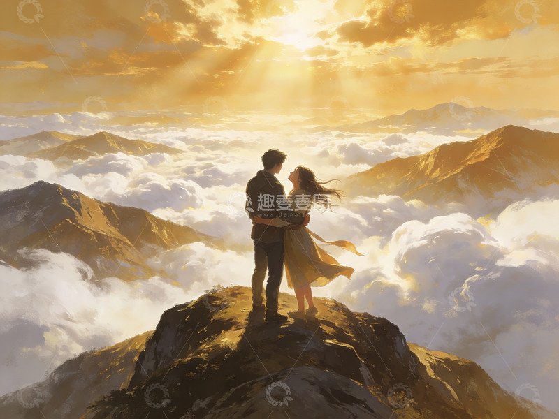 高清大图下载【趣麦麦图】情侣山顶共赏云海日出