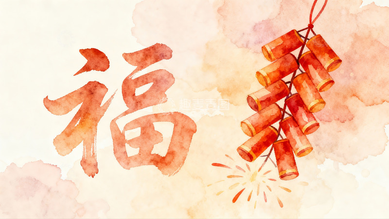 高清大图下载【趣麦麦图】新年福字与鞭炮水彩画