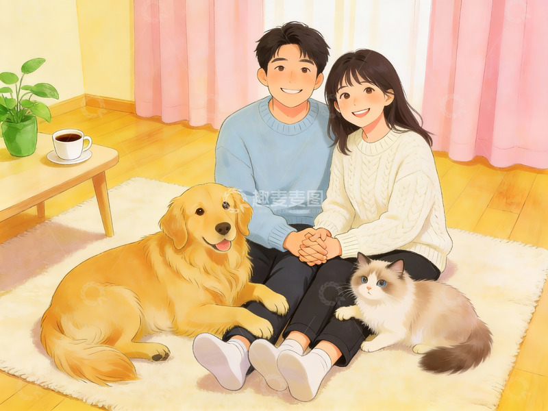 高清大图下载【趣麦麦图】情侣与宠物居家温馨场景