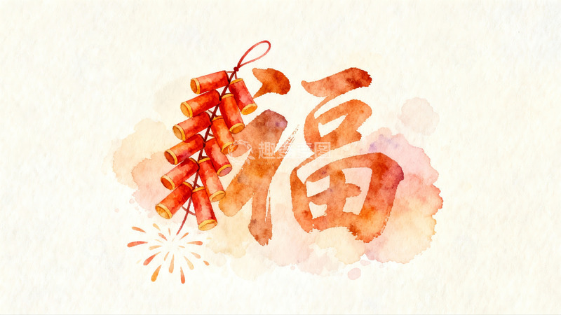 高清大图下载【趣麦麦图】新年福字与鞭炮水彩画