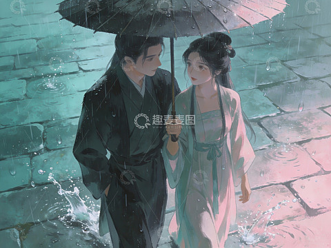 雨中撑伞的古装男女