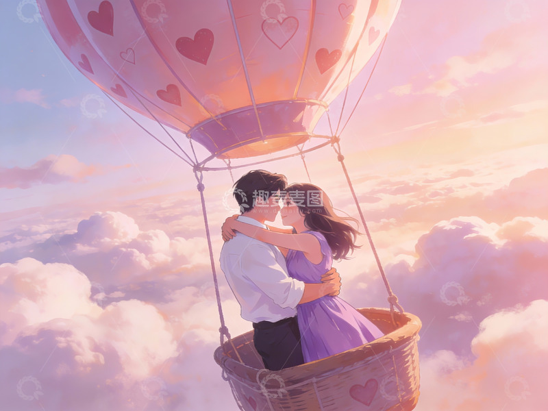 高清大图下载【趣麦麦图】热气球上的情侣拥抱