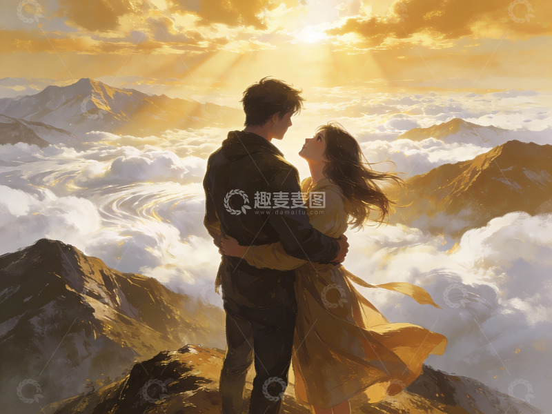 高清大图下载【趣麦麦图】山顶情侣仰望朝阳