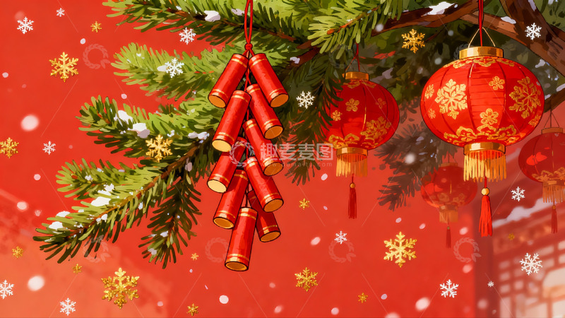 高清大图下载【趣麦麦图】红灯笼与松枝挂饰新年氛围浓厚