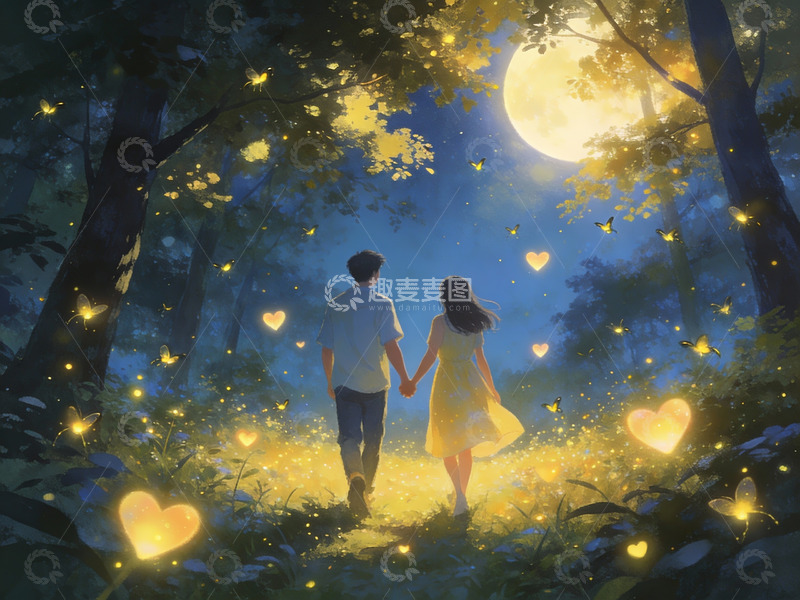 高清大图下载【趣麦麦图】月下情侣林间散步