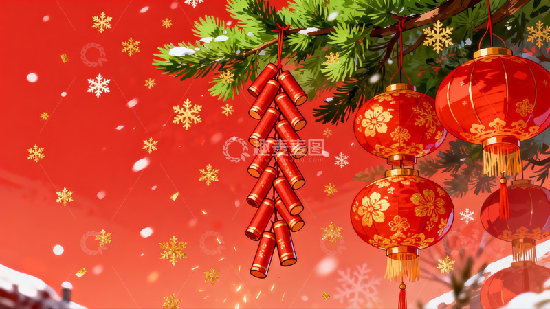 高清大图下载【趣麦麦图】新年红灯笼与鞭炮挂枝头