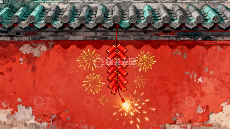 高清大图下载【趣麦麦图】古建筑前燃放鞭炮庆祝场景