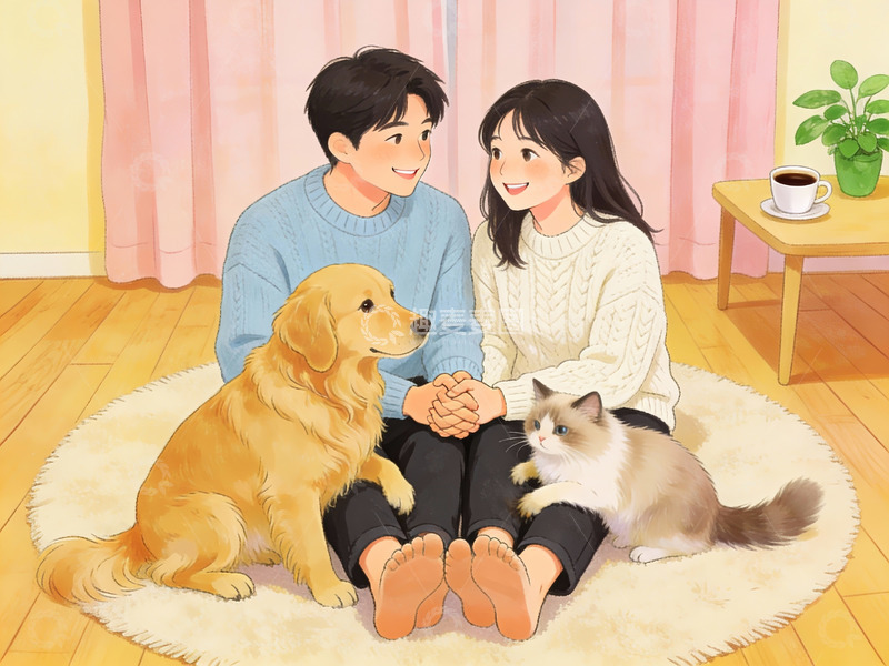 高清大图下载【趣麦麦图】情侣与宠物温馨室内场景
