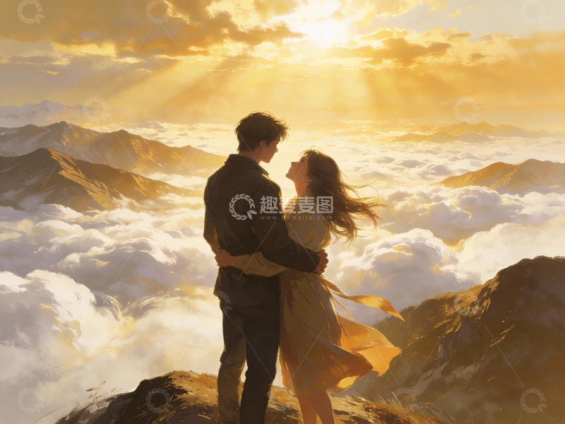 高清大图下载【趣麦麦图】情侣山顶共赏云海日出