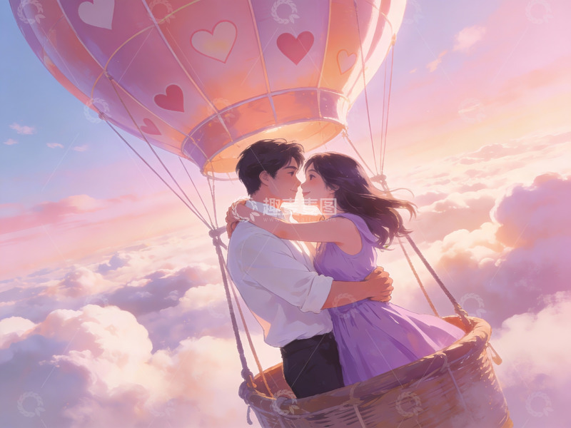 高清大图下载【趣麦麦图】热气球上的情侣亲吻