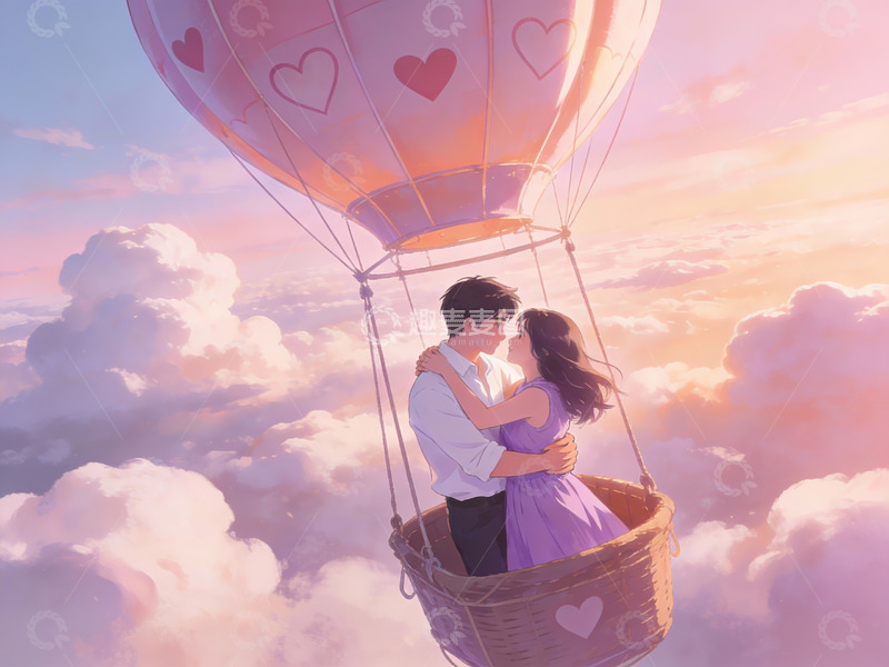 高清大图下载【趣麦麦图】热气球上的情侣拥抱