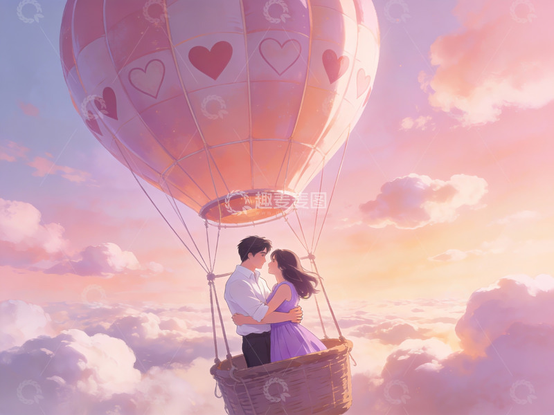 高清大图下载【趣麦麦图】热气球上的恋人拥抱