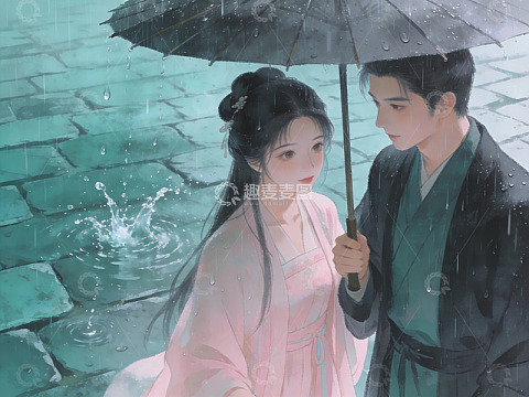 雨中古装男女共伞