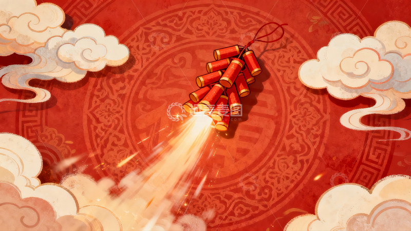 高清大图下载【趣麦麦图】红色背景鞭炮绽放烟花