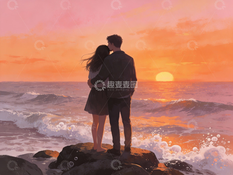 高清大图下载【趣麦麦图】情侣海边日落相拥