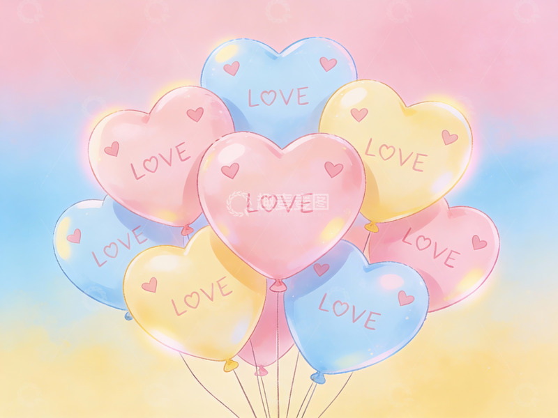 高清大图下载【趣麦麦图】心形气球飘浮在彩色天空