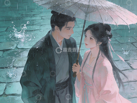 雨中古装男女共伞