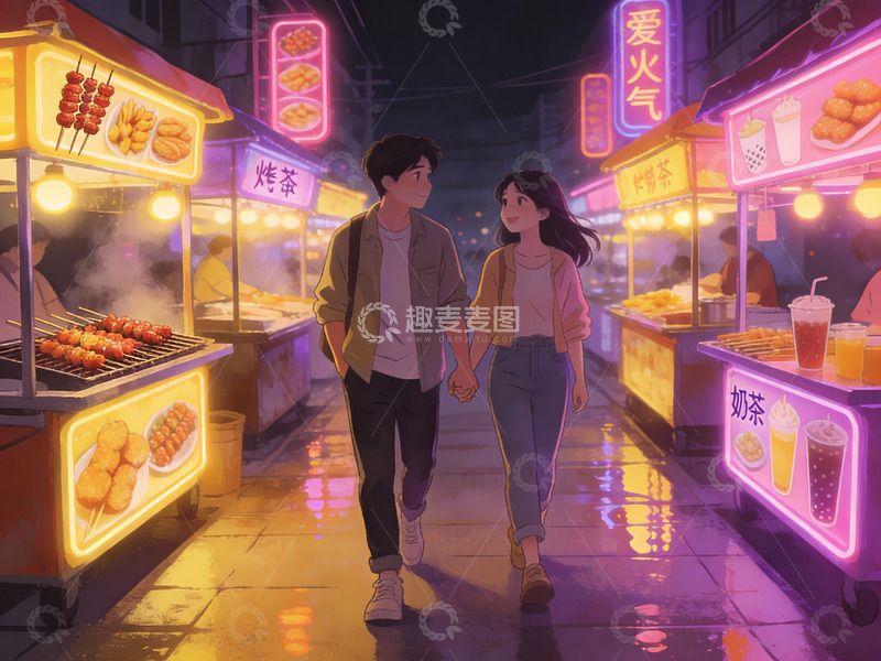 高清大图下载【趣麦麦图】夜市情侣牵手散步