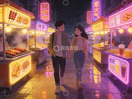 夜市情侣牵手散步