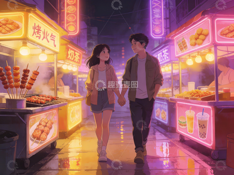 高清大图下载【趣麦麦图】夜市情侣牵手散步
