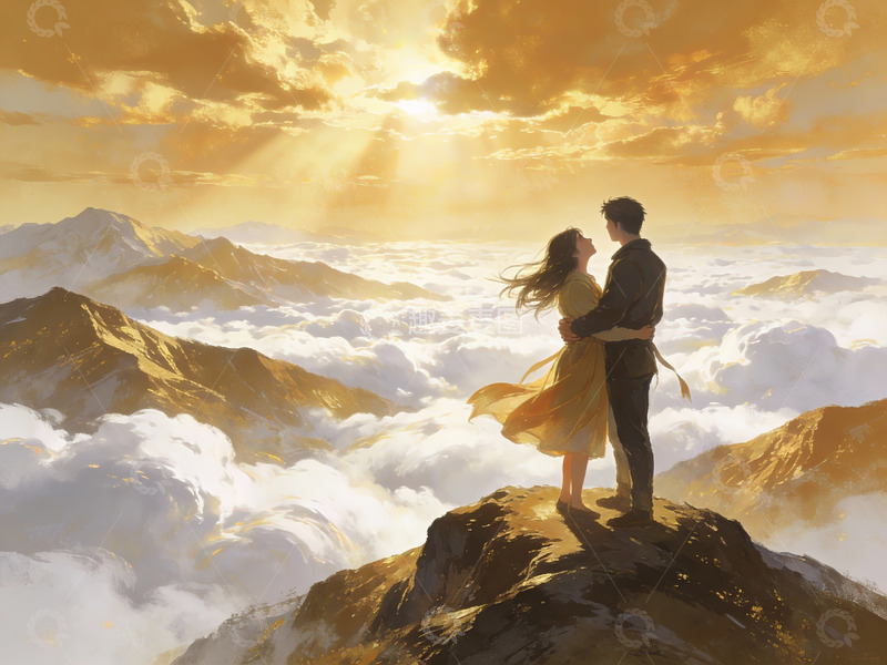 高清大图下载【趣麦麦图】山顶情侣共赏云海日出