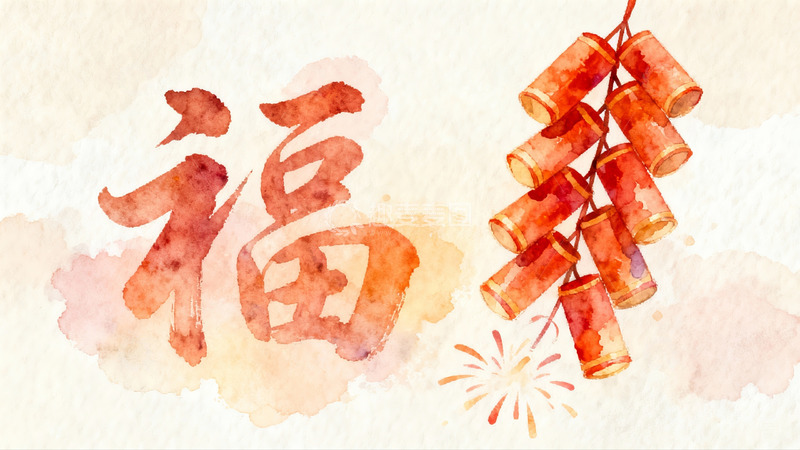 高清大图下载【趣麦麦图】新年福字与鞭炮水彩画