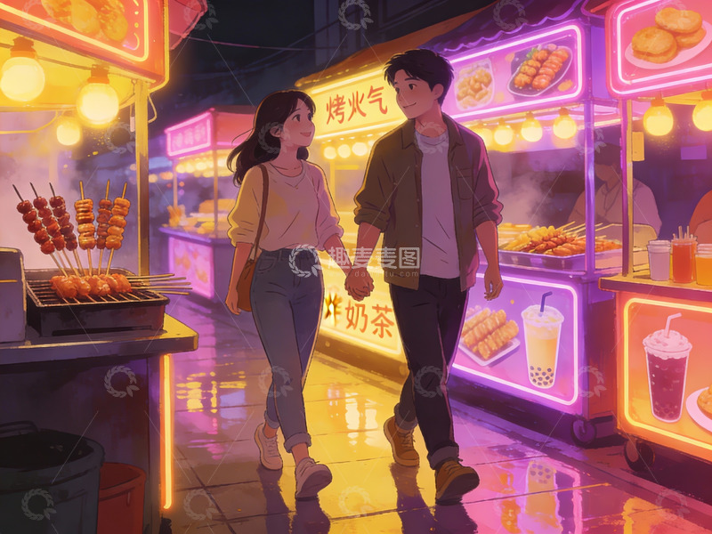 高清大图下载【趣麦麦图】夜市情侣牵手散步