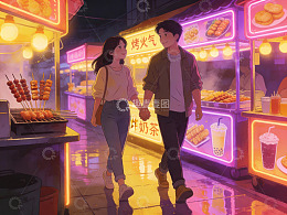 夜市情侣牵手散步