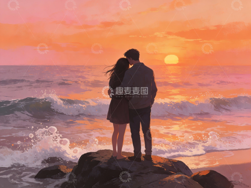 高清大图下载【趣麦麦图】情侣海边日落相拥