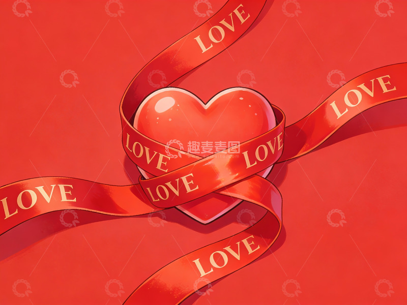 高清大图下载【趣麦麦图】红色心形与爱字丝带
