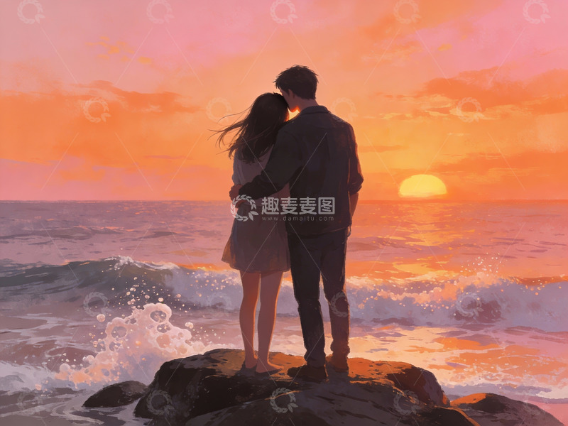 高清大图下载【趣麦麦图】情侣海边日落相拥
