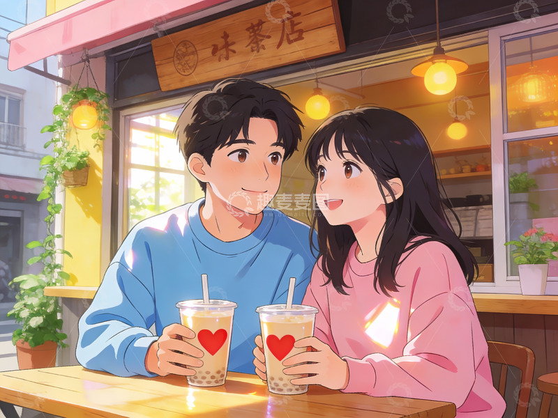 高清大图下载【趣麦麦图】情侣在茶店共饮奶茶