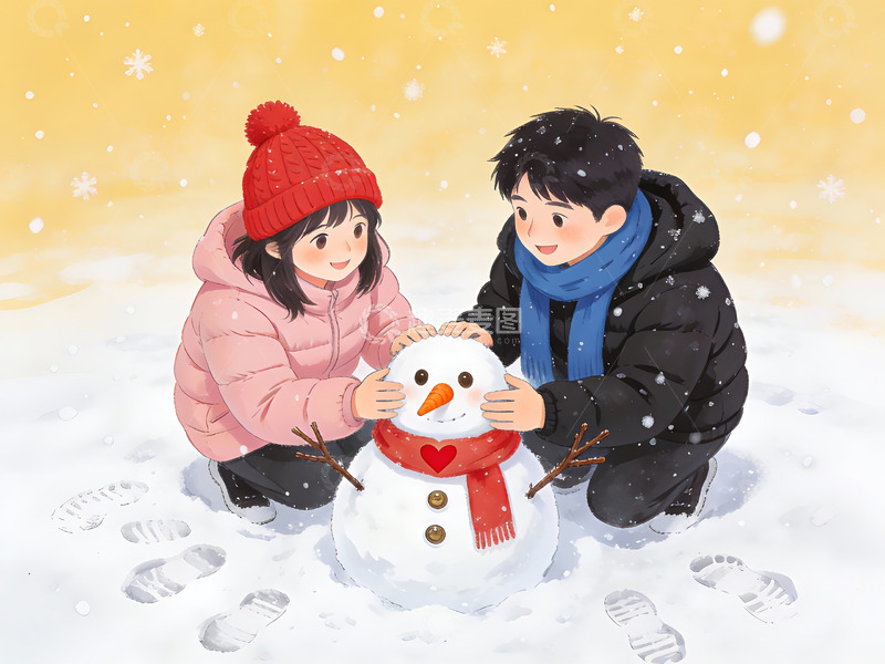 高清大图下载【趣麦麦图】雪地里堆雪人的孩子