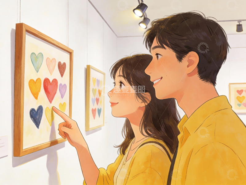 高清大图下载【趣麦麦图】情侣在美术馆欣赏心形画作