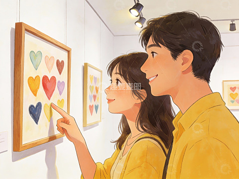 情侣在美术馆欣赏心形画作