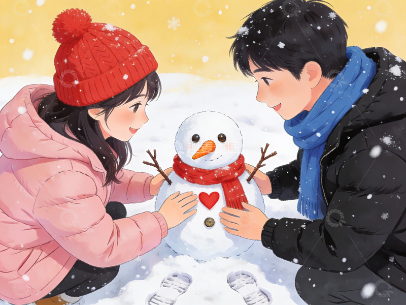 高清大图下载【趣麦麦图】情侣堆雪人冬日场景