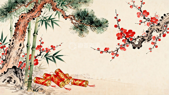 传统水墨画松竹梅与鞭炮